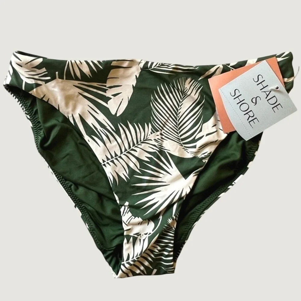 Shade & Shore Mid Rise High Leg Bikini Bottom Womens Small Green Palm Leaf NWT